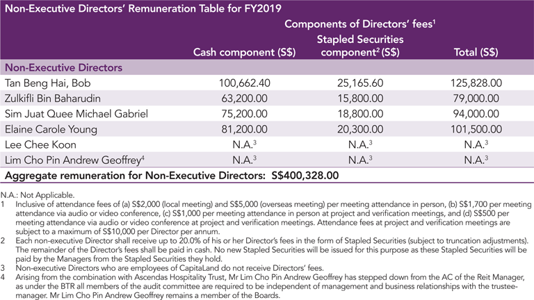 Non-Executive Directors’ Remuneration Table for FY2019